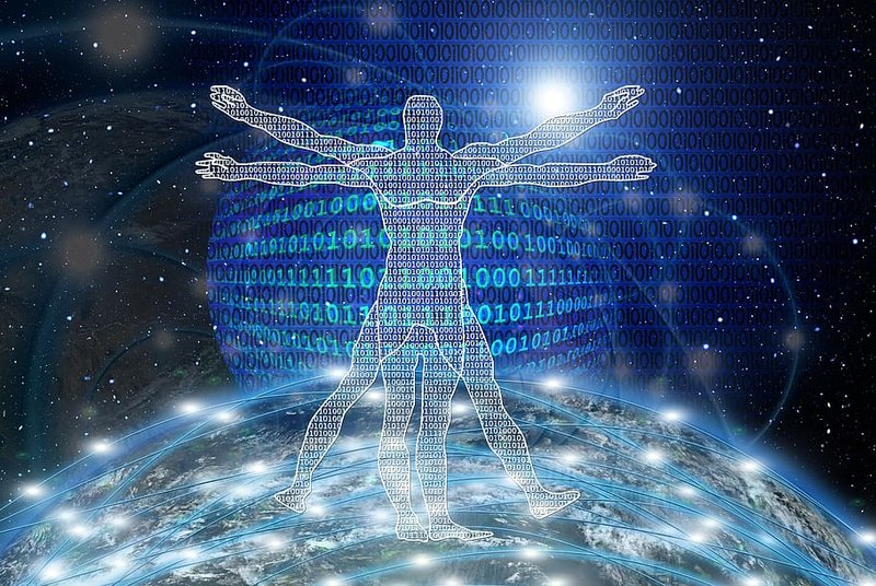 DNA strand with binary code overlay